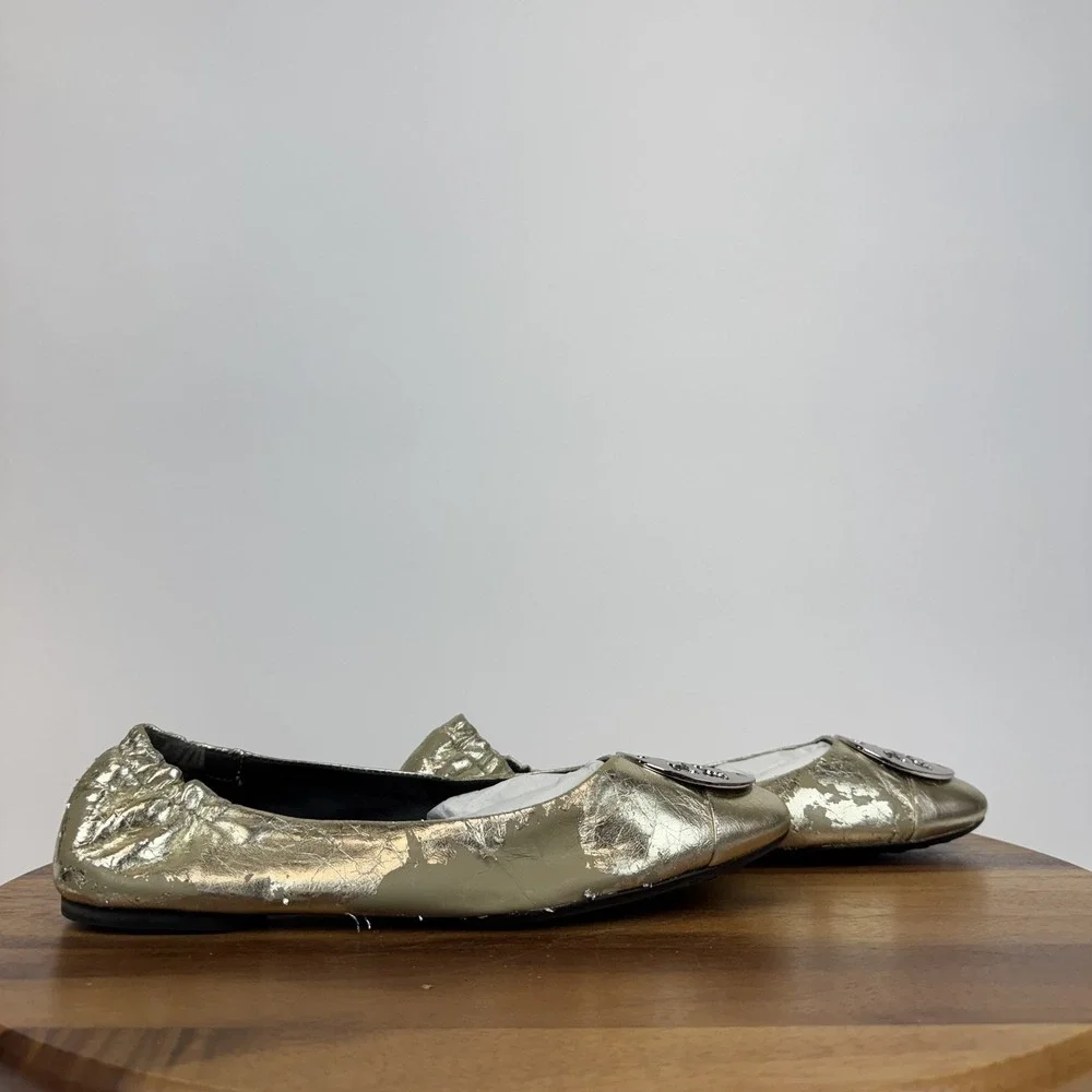 Womens Tory Burch Claire Cap Toe Metallic Gold Leather Ballet Flats‎ Size 9.5 M